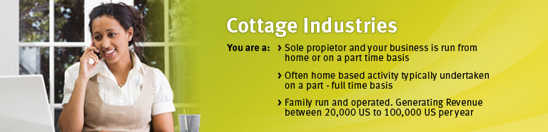 Cottage Indsutries. You are a:
Sole propietor and your business is run from home or on a part time basis, 
 Often home based activity typically undertaken on a part - full time basis, 
 Family run and operated, Generating Revenue between 20,000US to 100,000US per year.